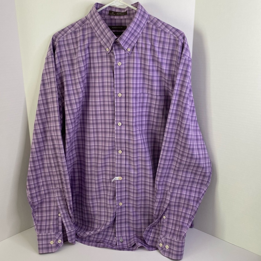 Mens‎ Nordstrom Traditional Fit Lavender/Black/White Check Long Sleeve Shirt XL